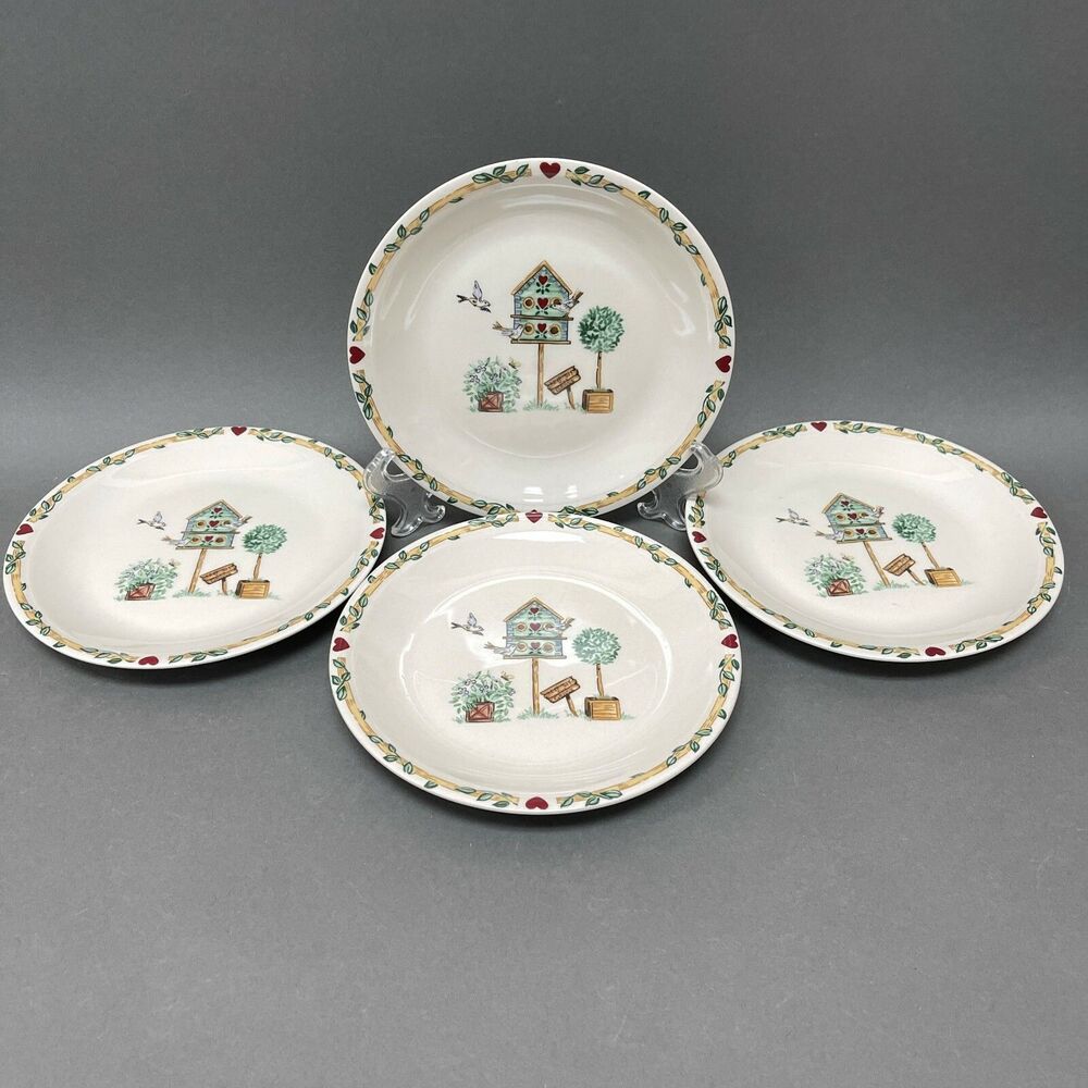Thomson Pottery Salad Plates Birdhouse Birds Heart Vine Border 7 5/8" Lot of 4